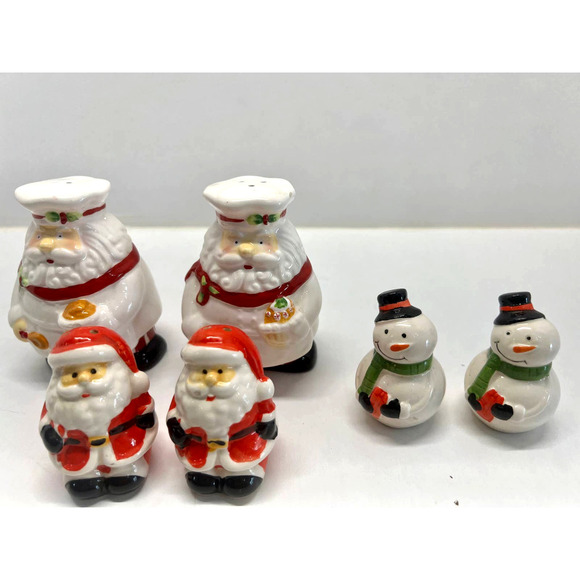Vintage 3 Sets Christmas Salt & Pepper Shakers Snowmen Santa Chef Pair Ceramic - Picture 2 of 10